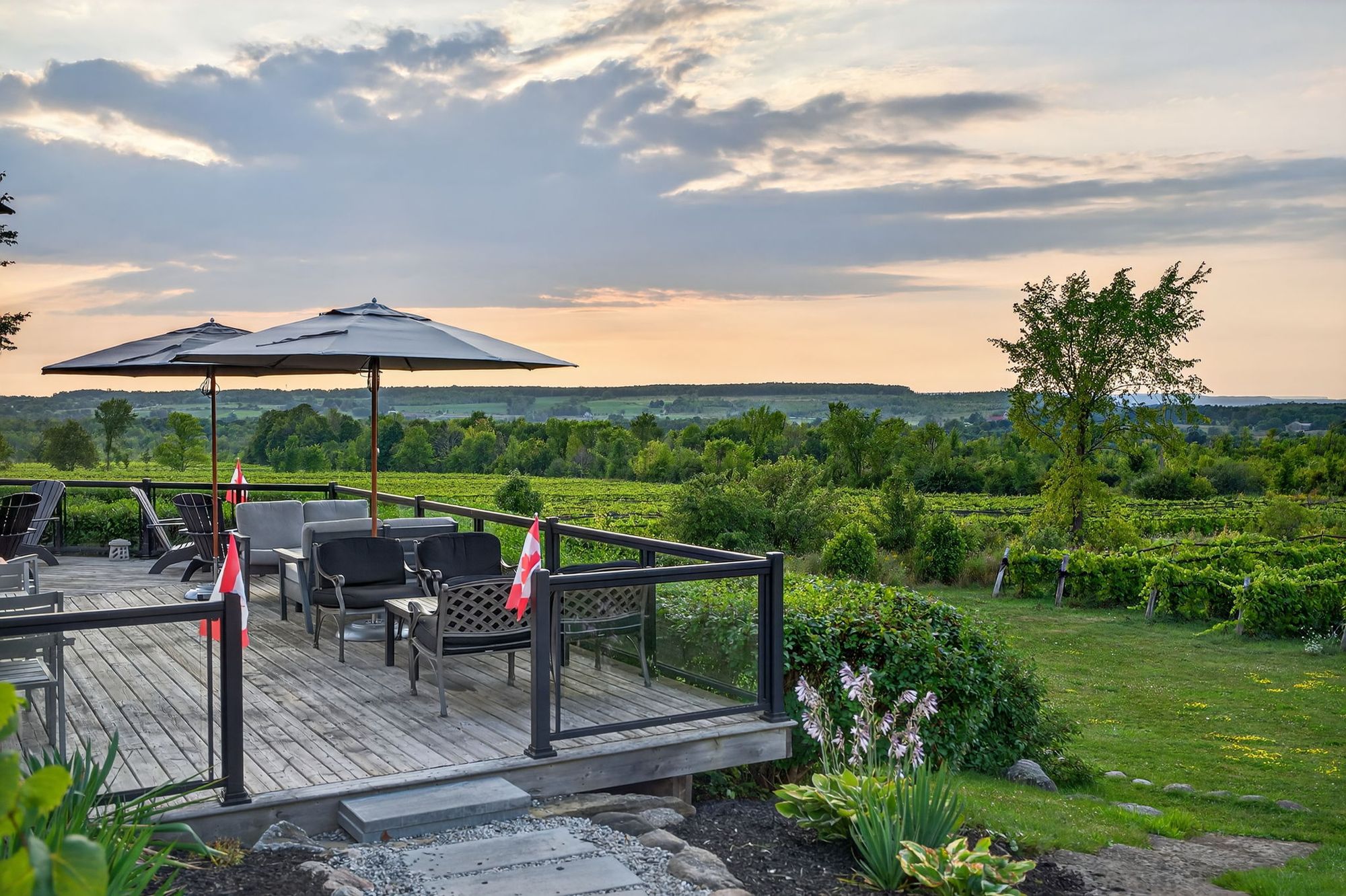 The deck and umbrellas at golden hour