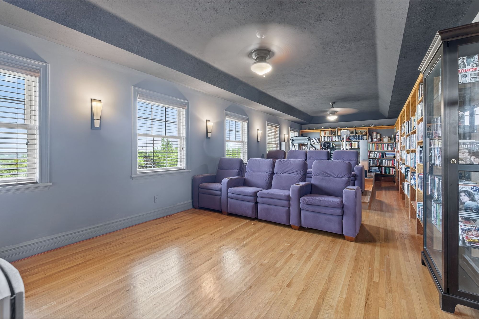 The media room with theatre seating and shelves of books